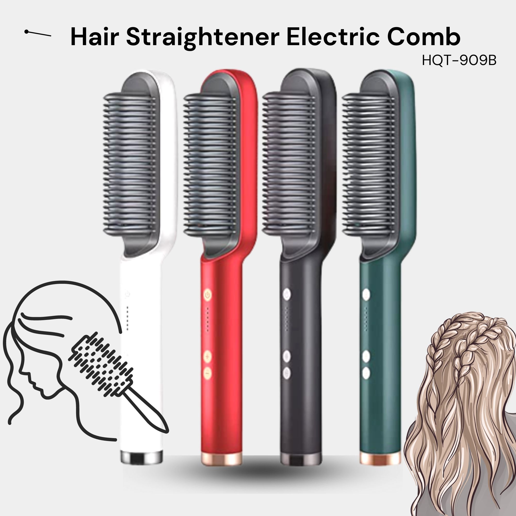 HQT-909B Electric Hair Straightener Comb – Ceramic Heated Styling Brush